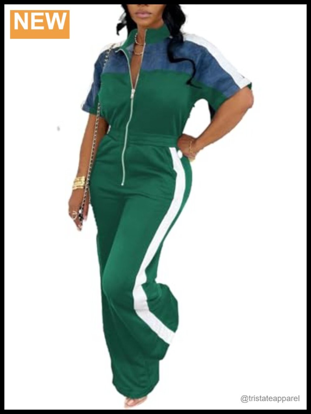 Suede Denim Color Block Zip Up Jumpsuit Short Sleeve Wide Leg Women's One Piece